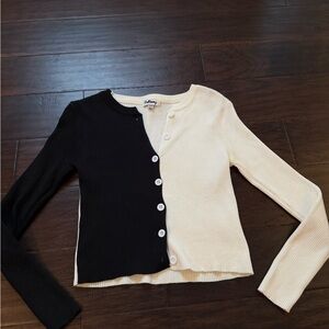 Two-Tone Black and Cream Ribbed Button-Front Women's Sweater